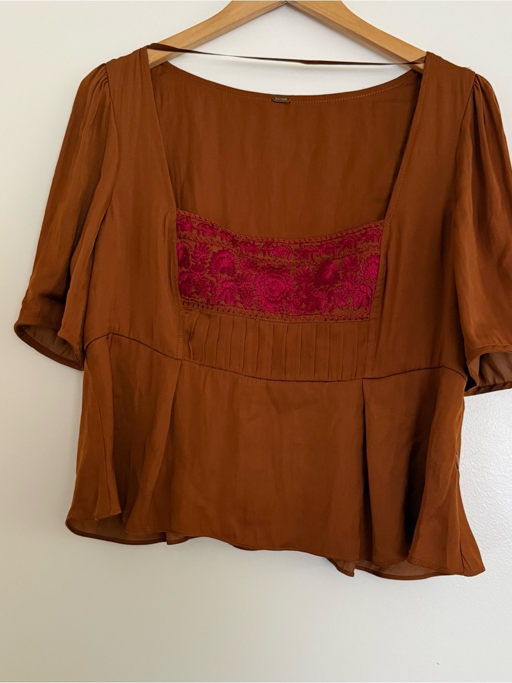 Free People Rust Brown Blouse with Fuchsia Embroidered Yoke